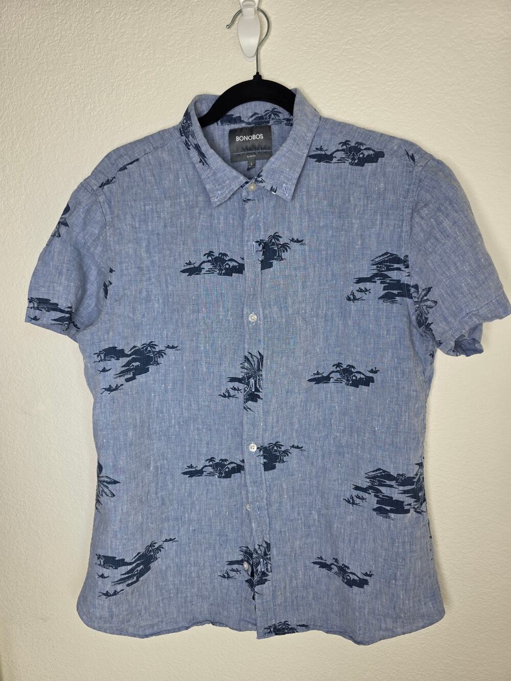 Listing Title
BONOBOS Mens Slim Fit Linen Shirt Blue Tropical Hawaiian Print LG